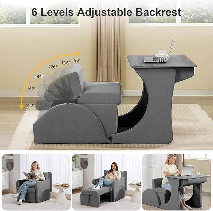 Reading Chair, Chaise Lounge Chair Indoor, 3 in 1 Multiple Convertible Pull Out Lounge Couch, Fabric Reading Chairs, Single Sleeper Sofa with Adjustable Backrest for Dorm, Bedroom, College, Grey