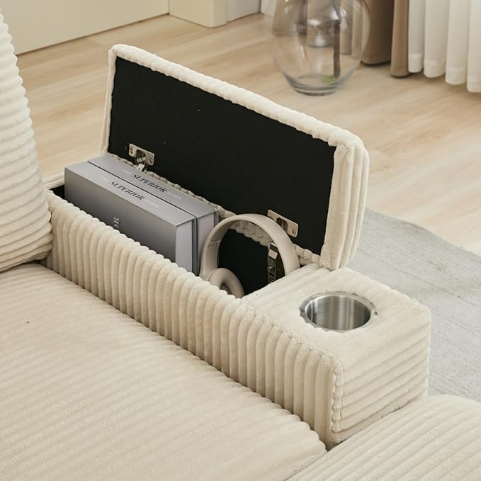 KEIKI Combination Sofa Bed Set, Indoor Chaise Lounge Sofa with Armrest Storage, Cupholders, USB, Deep Seat Sleeper Couch Reading Chairs for Living Room, Beige