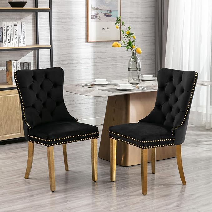 YeahFurn Mid Century Modern Dining Chairs Set of 4, Black Velvet Upholstered Tufted Back, Kitchen & Dining Room Chairs, Gold Metal Legs, Nailhead Trim, Sillas para Comedor (Black, 4 Pcs)