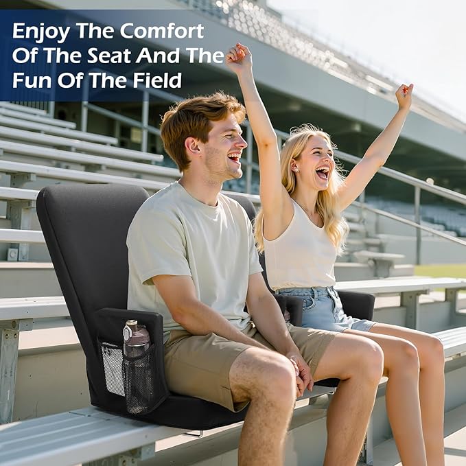 TOPSKY Stadium Seat with Back Support, Comfortable Padded Cushion, Folding Bleacher Seat with Metal Hook, Shoulder Strap, Carry Handle, Cup Holder (Black, 1 Pack)