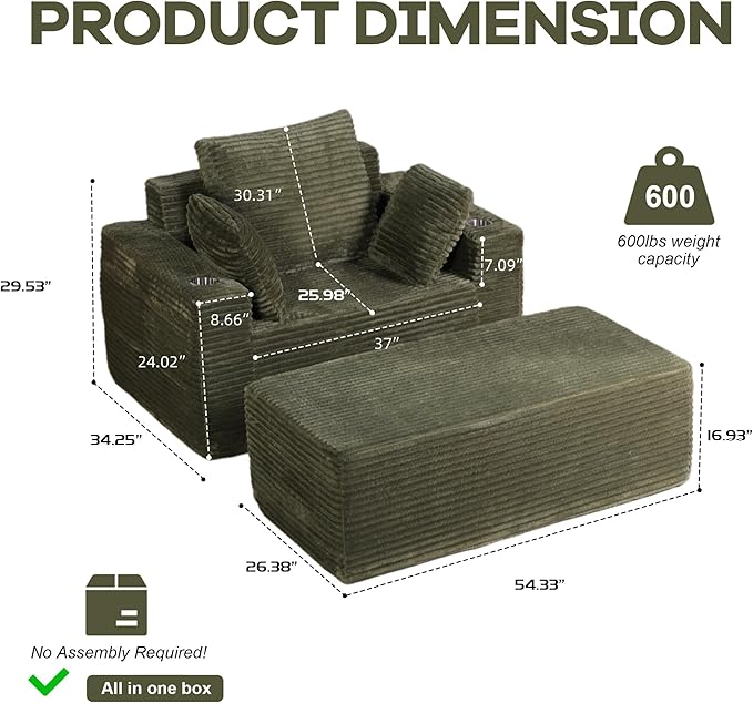 54"W Oversized Chaise Lounge Chair Indoor, Boneless Chaise Lounge Couch, Convertible Comfy Reading Chairs, Compression Sofa with Ottoman, Corduroy Sleeper Couch Chair for Living Room, Green