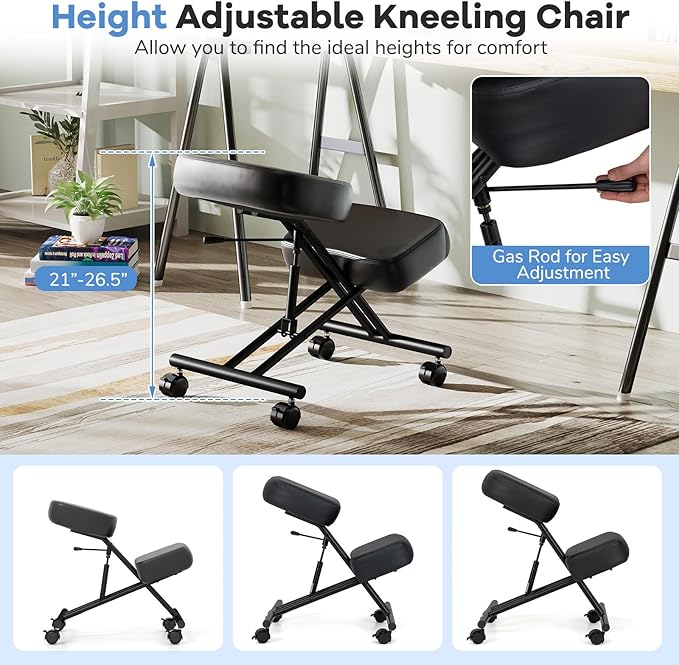 Goplus Kneeling Chair, Upholstered Mobile Desk Chair w/Adjustable Height, Thickened Sponge Cushion, 4 Lockable Universal Wheels, Office Home Padded Stool with Angled Seat, Black (2)