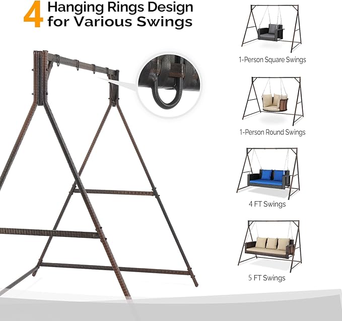 Outvita Porch Swing Frame, 7 FT Rattan Outdoor Swing Stand, Heavy Duty Swing Stand Frame with Metal Frame, 4 Hanging Rings, 1200 LBS Weight Capacity for Backyard, Patio, Garden
