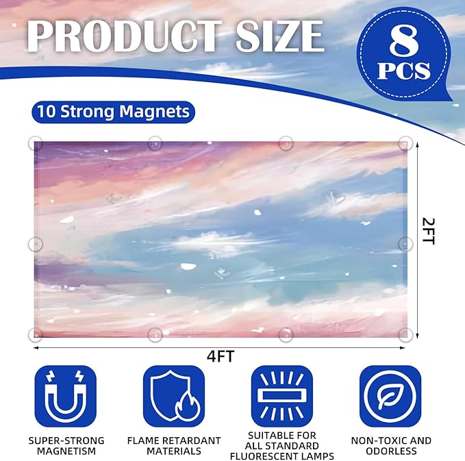 8 Pcs Fluorescent Light Covers - 4 x 2 Feet Covers for Ceiling Lights, Magnetic Light Filters for Classroom, Office, Hospitals, Home (Sunset Glow)