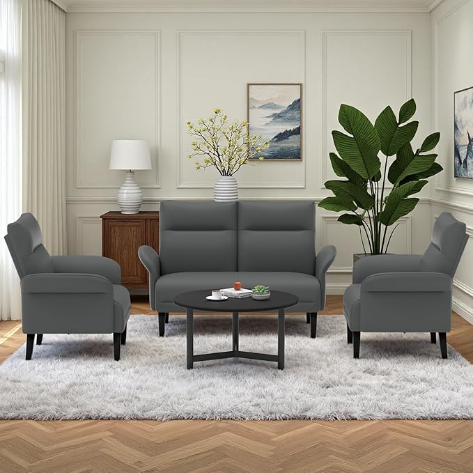 3-Piece Symmetrical Shawl Arm Sofa Set, Faux Leather Loveseat & 2 Accent Chairs with Wide Armrests, Wooden Legs, Upholstered Living Room Set for Cozy Spaces(Gray)