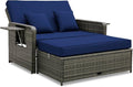 RELAX4LIFE Wicker Patio Outdoor Daybed - Rattan Day Bed Lounger with Loveseat & Storage Ottoman, Sunbed Sofa Set w/Cushions, 4-Level Adjustable Backrest & 2 Retractable Trays, Patio Daybed (Navy-Grey)