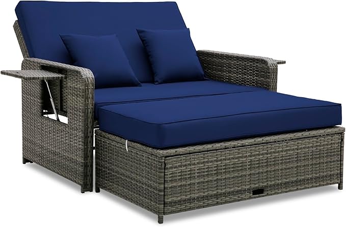 RELAX4LIFE Wicker Patio Outdoor Daybed - Rattan Day Bed Lounger with Loveseat & Storage Ottoman, Sunbed Sofa Set w/Cushions, 4-Level Adjustable Backrest & 2 Retractable Trays, Patio Daybed (Navy-Grey)
