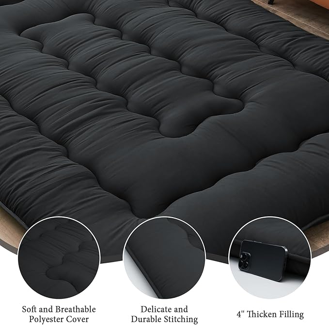 DAICO Japanese Floor Mattress, 4'' Thicken Futon Mattress Tatami Mat, Sleeping Pad Foldable Roll Up Mat for Camping and Guest Room, Twin Size 39''*80'', Black