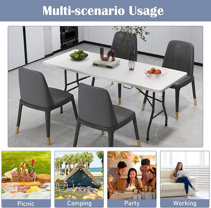 Tangkula 6 FT Folding Table, Indoor Outdoor Foldable Plastic Table with HDPE Tabletop, Sturdy Metal Fame, Carrying Handle, Heavy Duty Portable Fold-in-Half Picnic Table for Camping BBQ Party
