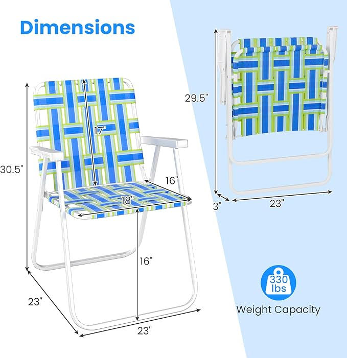 GYMAX Lawn Chair Folding, Webbed Beach Lounge Chairs Set with Highback, Outdoor Portable Lightweight Camping Dinning Chair for Patio, Lawn, Poolside, Sports, Garden, Backyard (2,Blue)