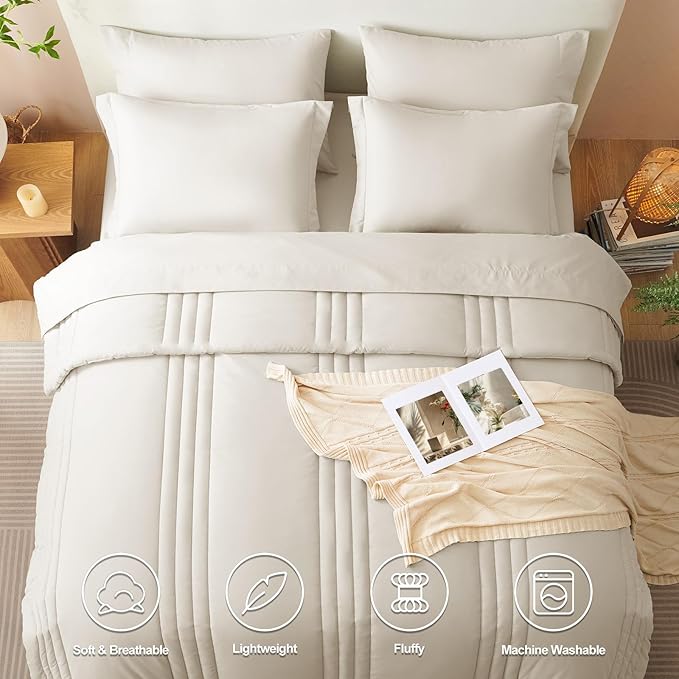 CozyLux California King Size Comforter Set - 7 Pieces Bed in a Bag Beige Comforter Set with Sheets Cal King, Soft Bedding Set with Down Alternative Comforter, Sheets, Pillowcases & Shams