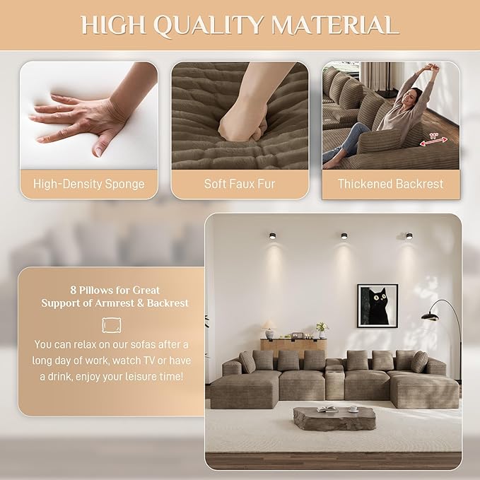 Modular Sectional Sofa with USB Cup Holders Storage, 143" U Shaped Cloud Couch Plush Corduroy Deep Seat Boneless Sofas with Double Chaise Lounge Sectional Couches Memory Foam for Living Room - Camel