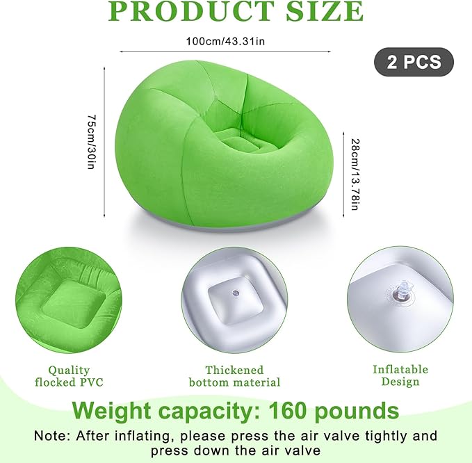 Realspring 2 Pcs Inflatable Bean Bag Chairs with Electric Air Pump Outdoor Blow up Chair Inflatable Lazy Sofa Folding Portable Loungers Couch for Living Room Bedroom(Green)