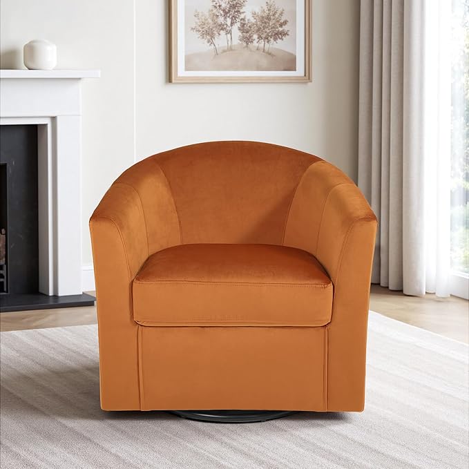 DREAMSIDEA Swivel Accent Chair, Upholstered Velvet Barrel Armchair, Modern Round Single Sofa Seating Comfy Reading Corner Chairs for Living Room Bedroom, Fully Assembled (Velvet Orange, Set of 2)