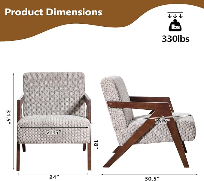 Bonzy Home Mid-Century Modern Accent Chair Set of 2 with Wood Frame, Upholstered Armchair for Bedroom & Living Room, Linen Fabric Cushion, Z-Shaped Armrest Design, Sturdy Lounge Chair