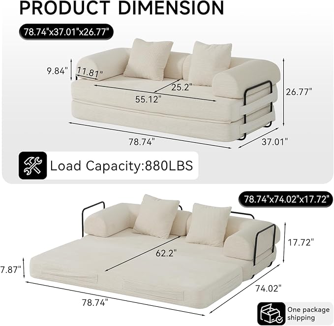79" Folding Convertible Sofa Bed Floor Mattress Sleeper Sofa Boneless Loveseat with Fixed-Shape Frame Connecting Zippers for Living Room Bedroom Small Space
