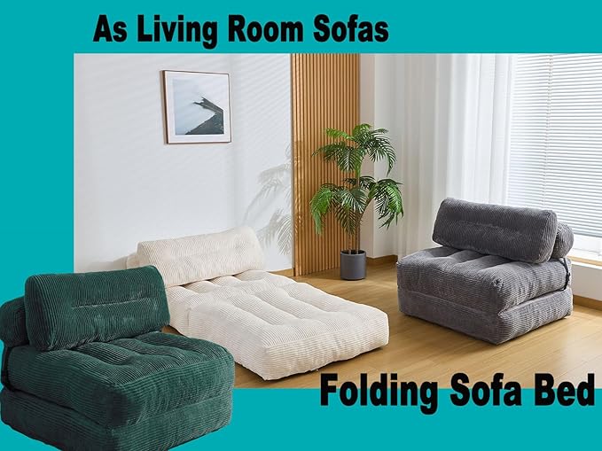 Kisoy Folding Sofa Bed, Convertible Sleeper Chair Couch Bed Faux Rabbit Fur for Adults, with Back Support Floor Couch Comfy Floor Sofa for Living Room Bedroom, Dark Green, Single
