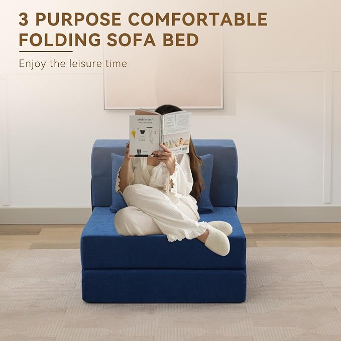 Folding Sofa Bed Convertible Floor Couch Foldable Chair Bed with Pillow，Linen Sleeper Chair Futon,Foldable Memory Foam Mattress for Bedroom/Living Room/Dorm/Office (Navy, Single)