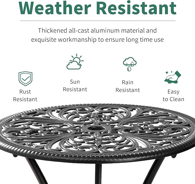 Withniture Bistro Set 3 Piece Outdoor, Cast Aluminum Patio Bistro Sets, Bistro Table and Chairs Set with Umbrella Hole, Black Bistro Table Set for Garden Porch Balcony (Butterfly Black)