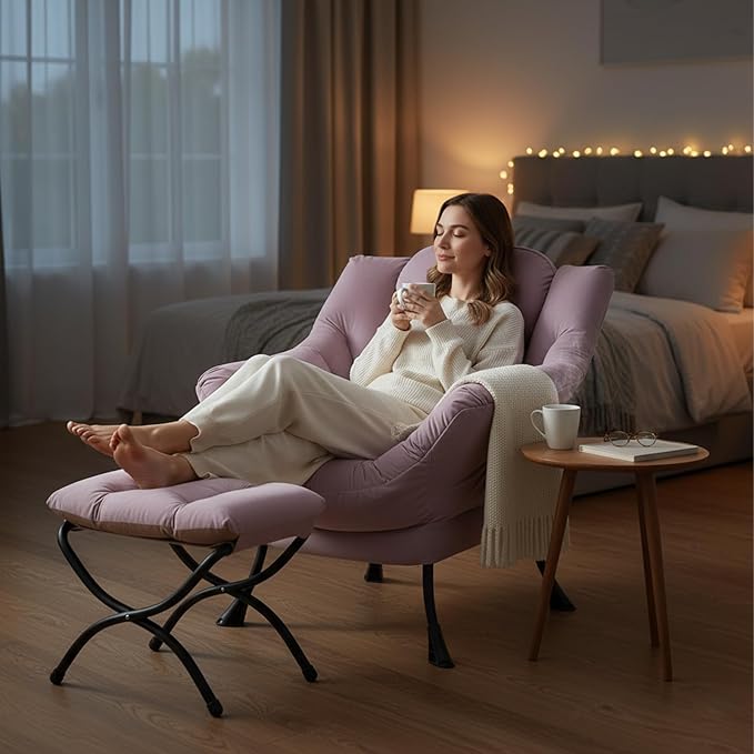 Welnow Lazy Chair with Ottoman, Modern Lounge Accent Chair with Armrests and a Side Pocket, Leisure Upholstered Sofa Armchair Set, Reading Armchair with Footrest for Small Space, Light Purple