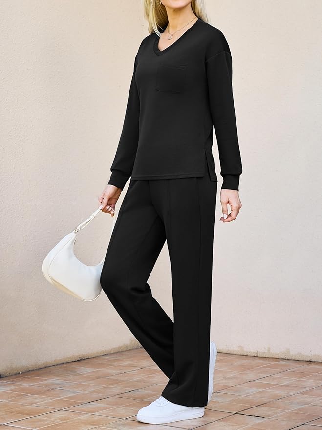 difficort Women's 2 Piece Lounge Sets Casual Travel Airport Outfits Side Slit V-Neck Tops & Wide Leg Pants Matching Set