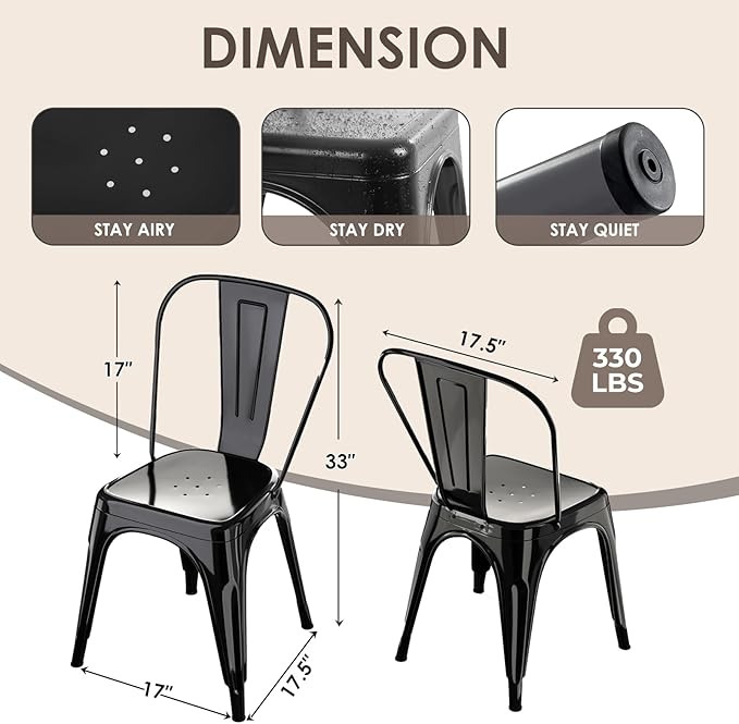 Metal Dining Chairs Set of 4,Stackable Tolix Chair Indoor/Outdoor for Kitchen, Cafe,Restaurant, Bistro & Patio Multiple Colors(Black)