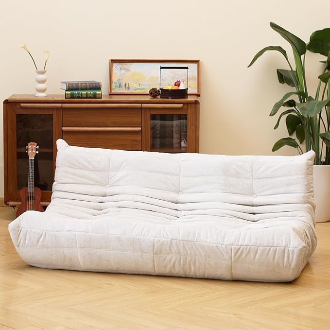 N&V Fireside Chair, Mid Century Armless Floor Sofa, Soft Premium Chenille Floor Lounge Chair, Foam Sofa Accent Chair for Living Room Bedroom and Office (White, Three seater)
