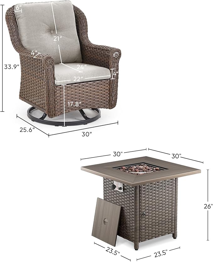 ACTREST Outdoor Patio Swivel Gliders with Fire Pit Table 5 Piece Set - High Back Brown Wicker Rattan Rocking Chair with Thick Cushion for Porch Apartment Deck Yard Poolside Garden - Beige