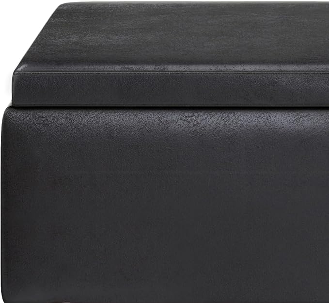 SIMPLIHOME Owen Tray Top Small Coffee Table Storage Ottoman - 34 inch Wide Upholstered Vegan Leather Rectangular Flip-Top Ottoman in Distressed Black, Mid-Century Ottoman for Living Room