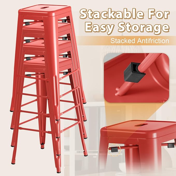 Furmax 30 Inch Metal Bar Stools Set of 4, Counter Height Backless Stools, Industrial Bar Chairs Patio Stool Stackable Backless Stool for Kitchen/Dining Room/Bistro/Patio Indoor Outdoor (Red)