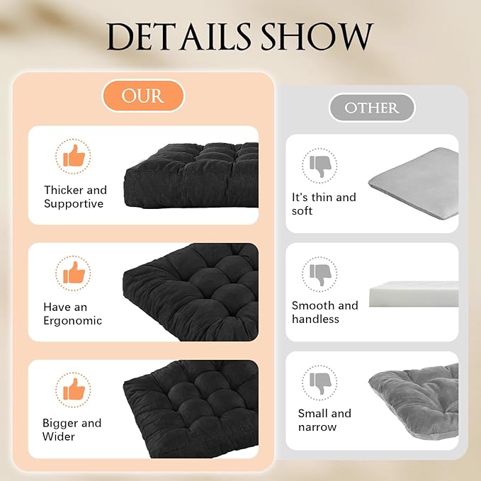 LYLNBYWK Meditation Floor Cushions Set of 2, Thickened Floor Pillow for Adults, Large Square Pillows Seat Cushion for Tatami Living Room Yoga, Memory Sponge Block Added, 22x22 Inch, Black