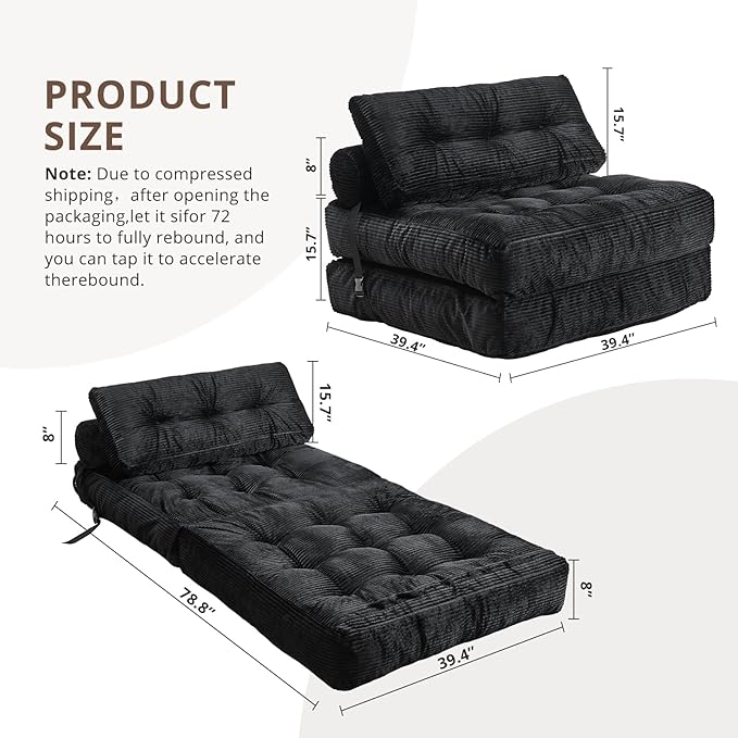 Convertible Sofa & Couch Bed - Oversized Adult Sleeper Chair & Bean Bag Chair, Foldable Floor Bed with Backrest, Comfortable Lazy Sofa for Bedroom, Living Room & Dorm (Black, Single)