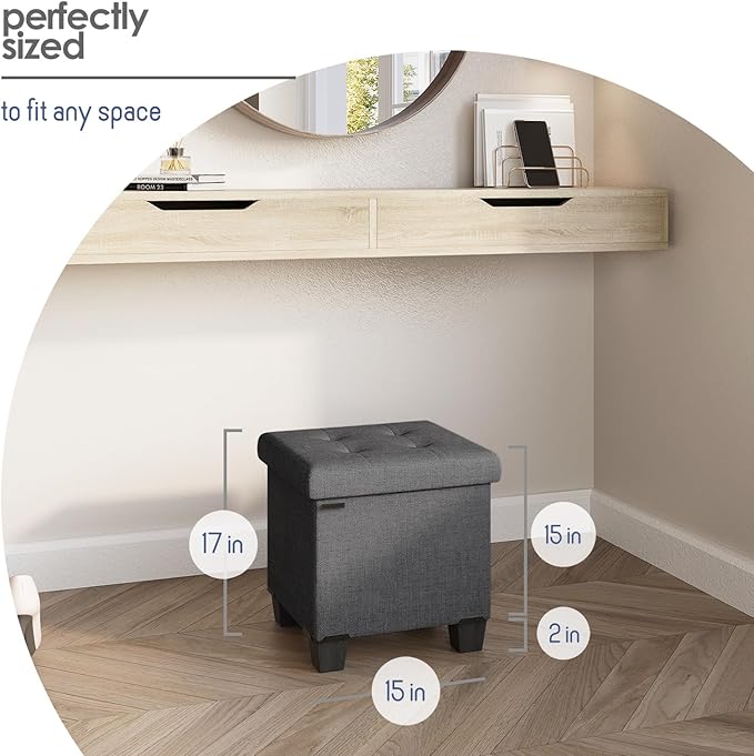 Storage Ottoman Cube with Small Bin, 16-in Square Ottoman with Storage for Living Room and Bedroom, Small Ottomans Foot Rest, Fabric Foot Stools Ottomans Max 330lbs, Grey