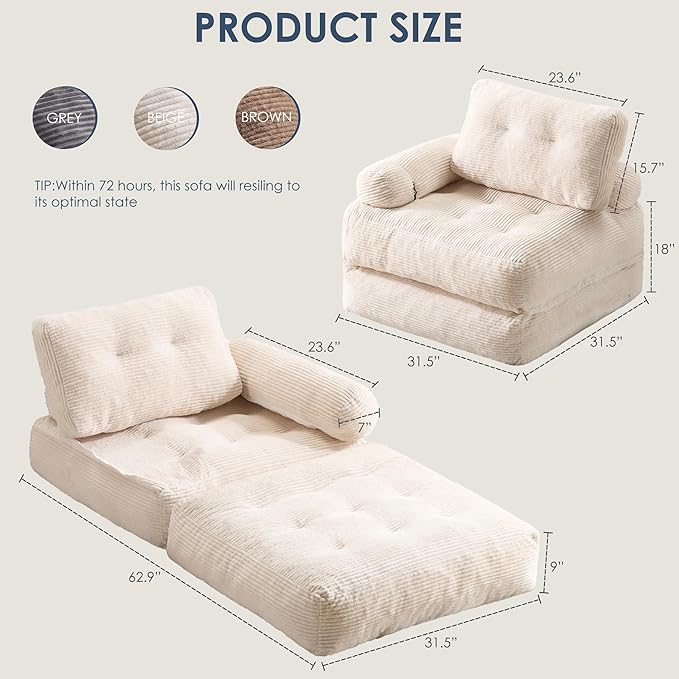 Folding Sofa Bed with Armrest,Convertible Sleeper Chair for Adults, Folding Sofa Bed Foam Filling Couch with Pillow，Sleeper Chairs Single Size Floor Mattress,White
