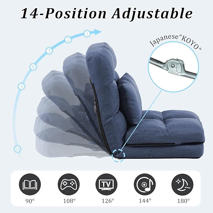 Chaise Lounge Indoor, 14-Position Floor Chair with Padded Pillow for Adults Kids, Folding Lazy Sofa Chair for Living Room, Bedroom, for Gaming Reading Blue