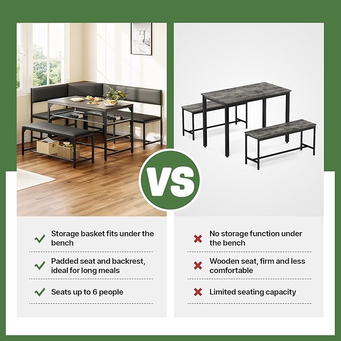 Concho Kitchen Breakfast Nook Table Set with Soft Seat, Corner Dining Table Set for 4-6 People, Dining Room Sets for 4, Space Saving Kitchen Booth Seating with Table for Small Space, Deep Grey