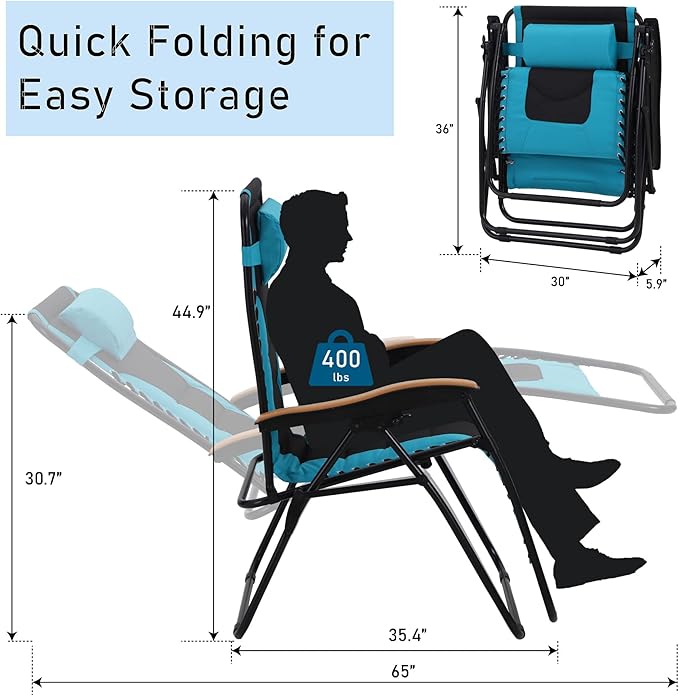 PHI VILLA XXL Oversized Padded Zero Gravity Chair, Foldable Patio Recliner, 30" Wide Seat Anti Gravity Lounger with Cup Holder, Support 400 LBS (Aqua)