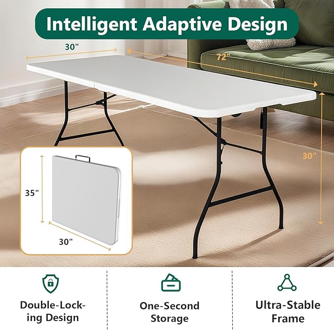 FurniEdge 6ft Folding Table with Handle, Heavy Duty Plastic Table, 300 lbs Portable Table, Reinforced Steel Legs, High Density Plastic, Ideal for Parties, Picnics, Weddings, Camping