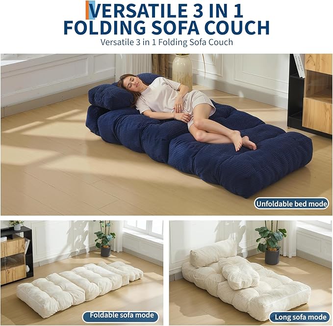 Garvee Folding Sofa Bed, Convertible Sleeper Chair with Pillow Foldable Mattress with Back Support, Boneless Fold Out Chair Bed Comfy Floor Sofa Lounge for Living Room, Bedroom, Navy Blue, Single