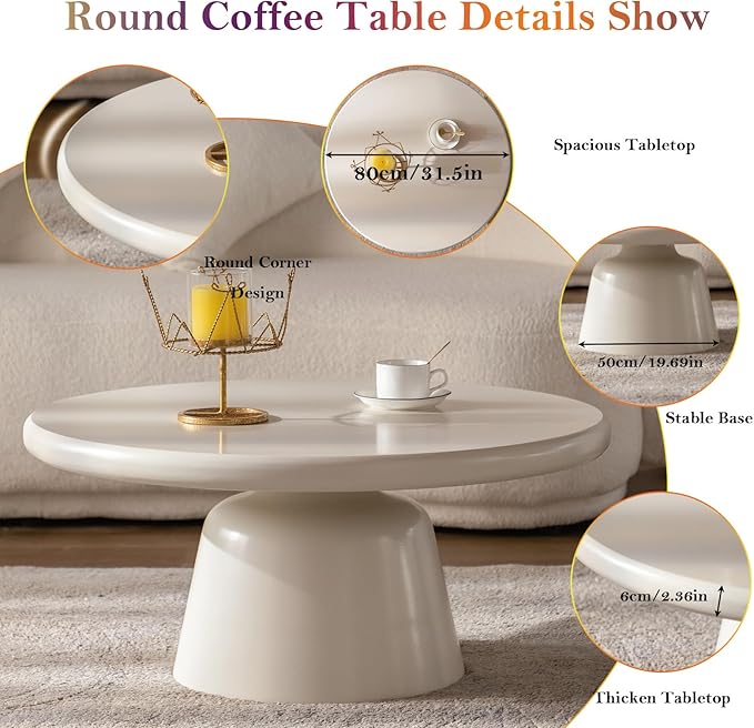 31.5in Cream White Coffee Table, Mid-Century Minimalist Round Low Floor Tea Table, with 19.69in Sturdy Pedestal, for Small Space (Cream White 31.5in)