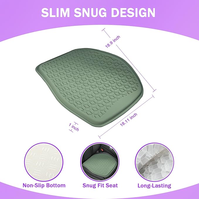 Binsheo Thin Gel Seat Cushion for Car Seat, Office Chair, Wheelchair, Golf Cart - Non-Slip Car Seat Cushions with 0.7 Inch Gel - Sciatica & Coccyx Pain Relief (Fabric, Green)