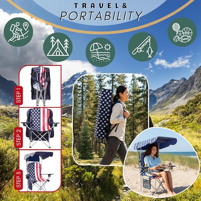 CozyBox Portable Folding Camping Chairs with Canopy Shade, Beach Chair for Adults, Durable Weather Resistant 600D Oxford Cloth, Camping Chair with Canopy for Outdoors [Flag]
