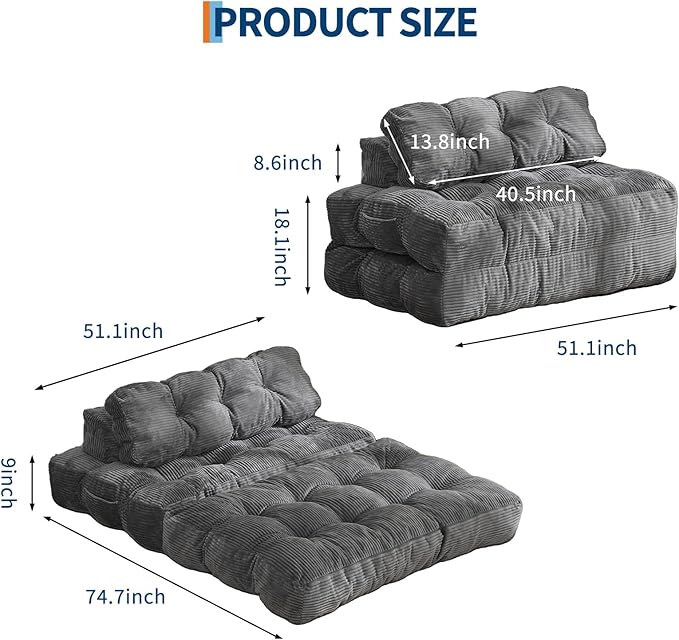 Garvee Folding Sofa Bed, Convertible Sleeper Chair with Pillow Foldable Mattress with Back Support, Boneless Fold Out Chair Bed Comfy Floor Sofa Lounge for Living Room, Bedroom, Dark Gray, Full