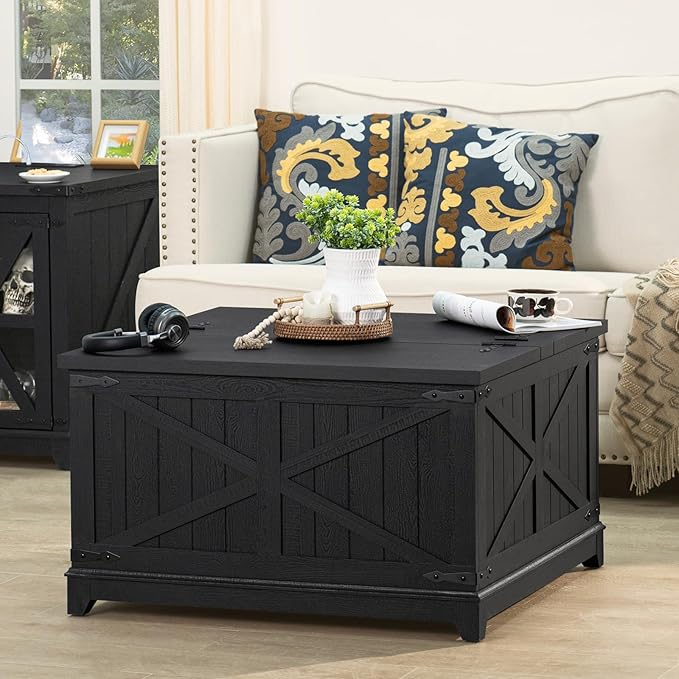 Farmhouse Coffee Table Sets 2 Pieces, Large End Side Tables with Charging Station and Coffee Table with Hidden Storage Compartment, Black Living Room Table Set, Wood Furniture Sets for Home Office