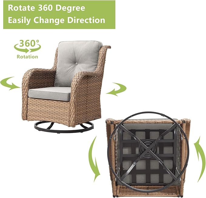 Rilyson Patio Furniture Swivel Chairs Set - 5 Piece Rattan Wicker Outdoor Sectional Conversation Sets with 2 Swivel Rocking Chairs,2 Ottomans and 1 Side Table for Porch Deck Garden(Yellow/Beige)