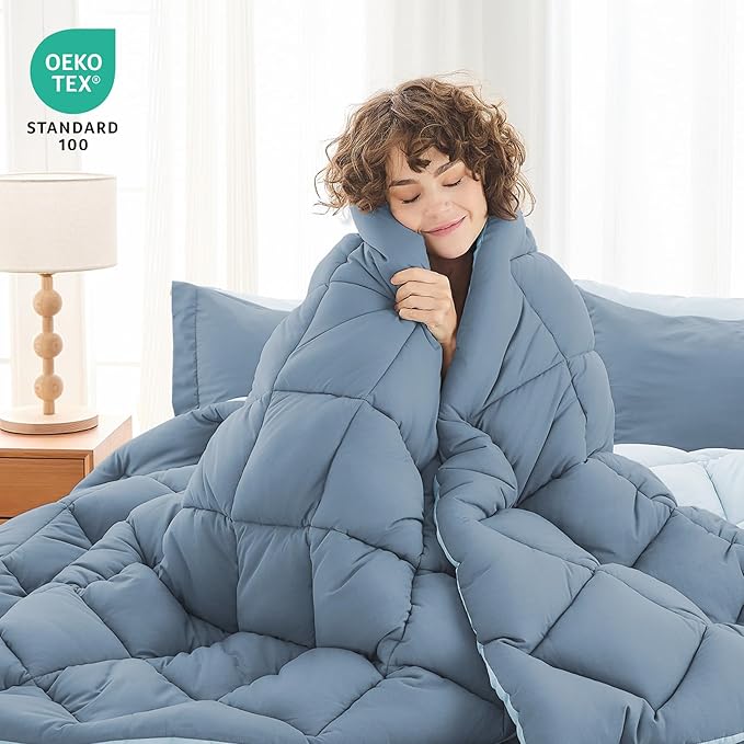 MUXHOMO 7 Pieces Queen Comforter Set, Reversible Bed in a Bag Queen Size, All Season Bedding Set with Comforter, Flat Sheet, Fitted Sheet, Pillowcases & Shams, Mineral Blue & Light Blue