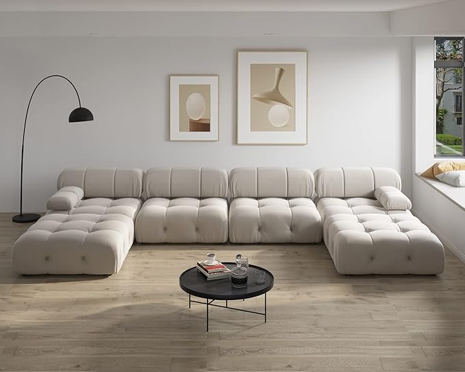 JACH U-Shaped Sectional Couch, 138'' Modern Deep 4-Seat Couches, Minimalist Teddy Velvet Sectional Sofas with Chaise Ottomans, Convertible Modular Sleeper Sofa for Living Room Apartment (Beige)