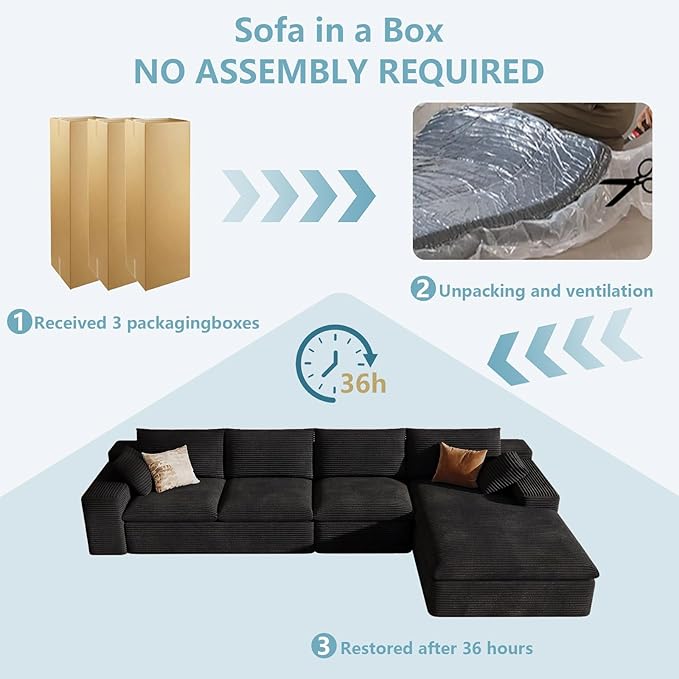 136" Cloud Sectional Couch with L-Shape Chaise, Modern Corduroy Viral Boneless Sofa for Living Room,Memory Foam Couches in a Box with Deep Seat,No Assembly Required (Black,Right-Facing Chaise)