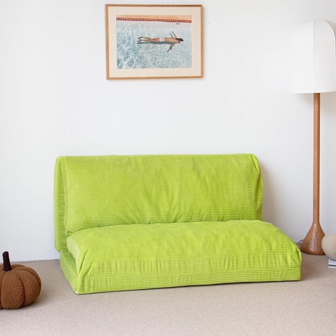 N&V Folding Matress Sofa Bean Bag Bed, Foam Filling Folding Matress Sofa, includes Removable and Machine Washable Cover, Soft Premium Corduroy (Large, Lime)