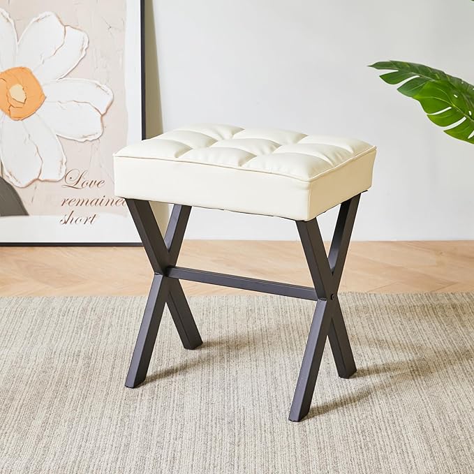 IBUYKE Square Makeup Stool with X-Leg Foot Rest, PU Footrest, Ottoman Seat Vanity Stool, Multi-Use as Small Side Table, for Bedroom, Living Room, White LG-71W